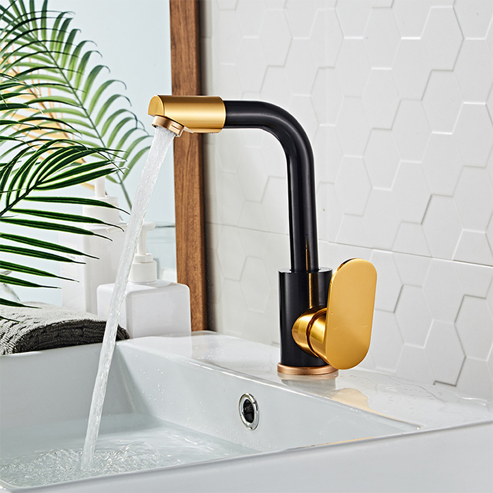 Swivel Single Handle Bathroom Faucets High Arc Long Spout Reach Black/Gold