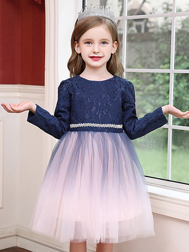 Daisda Long Sleeve Jewel Neck Ball Gown Tea Length Flower Girl Dress
