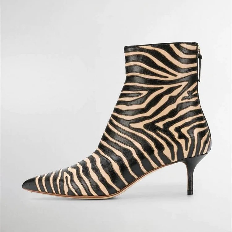 FSJ Black & Khaki Zebra Print Kitten Heel Pointed Toe Ankle BootsFSJshoes