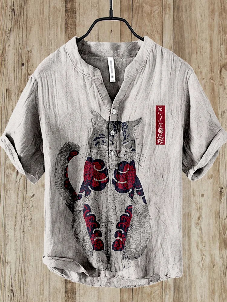 Japanese Cats with Tatts Art Linen Blend Shirt