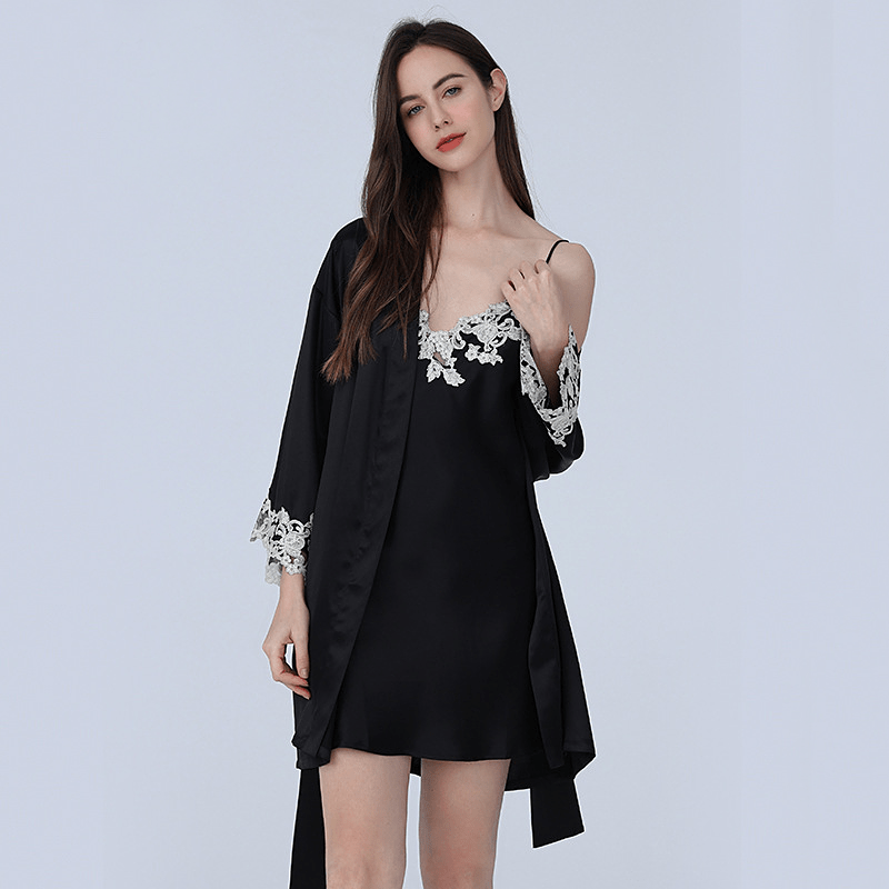 Flower Branch Pattern Silk Robe Set For Women Realsilklife