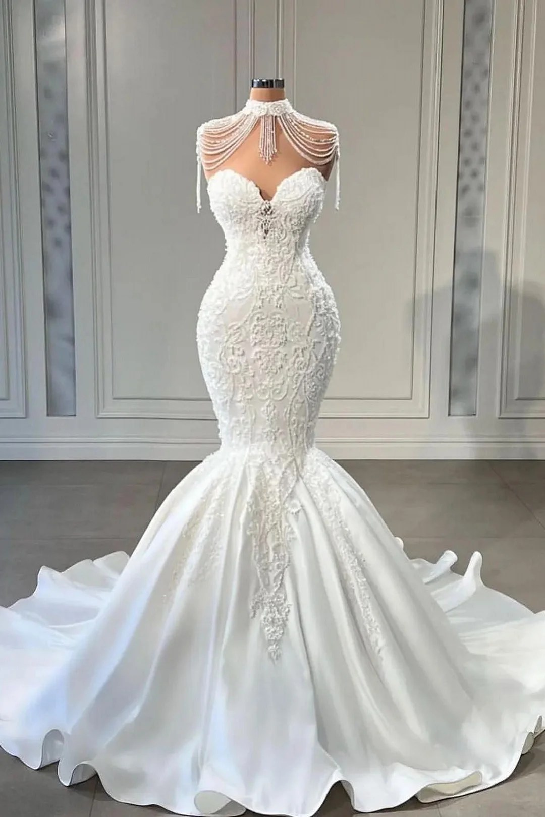 Daisda Luxury Long Mermaid Sweetheart Satin Pearl Wedding Dress With Lace