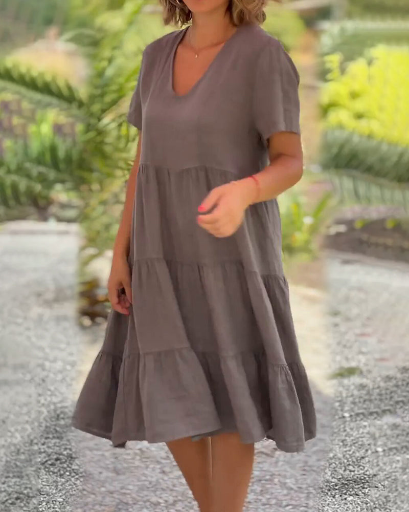 Cotton linen vneck solid color dress