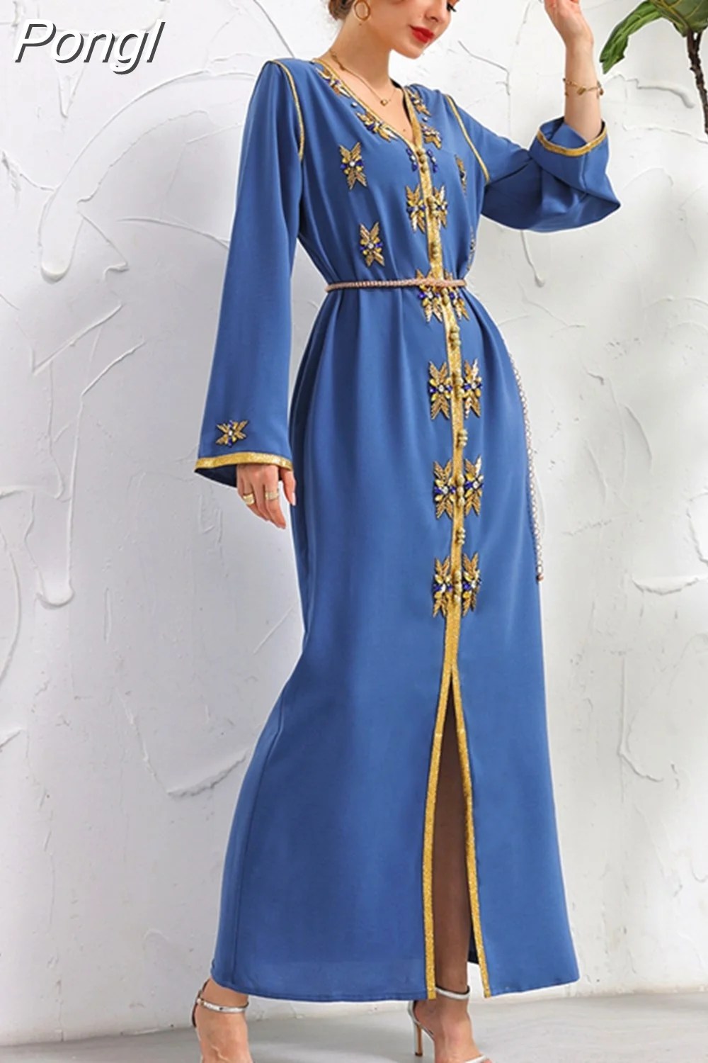 Pongl Festive Dress For Women Luxury HandSewn Gold V Neck Diamond Robe