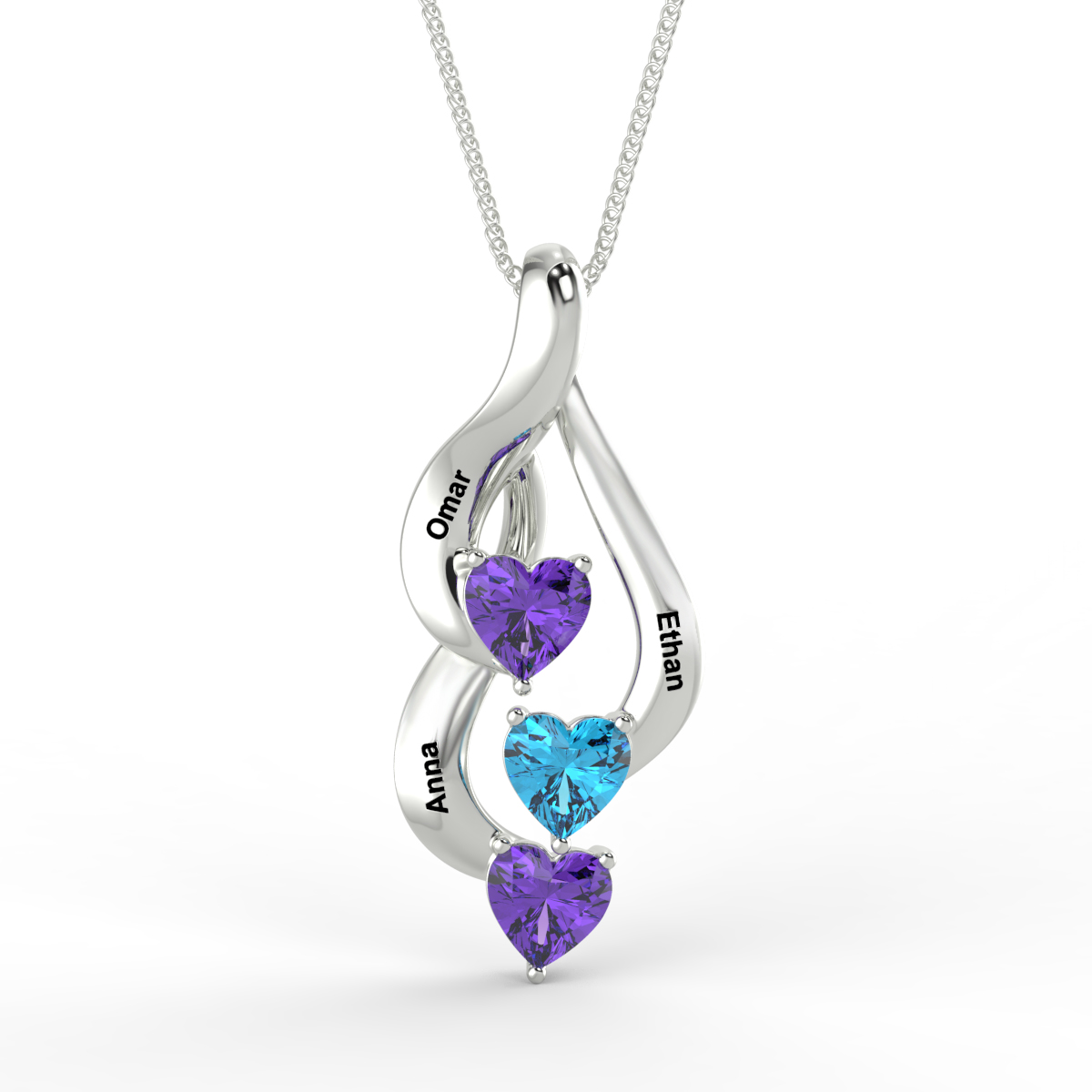 Personalized Necklace With 3 Heart Birthstones Engraved Names Gift For Her