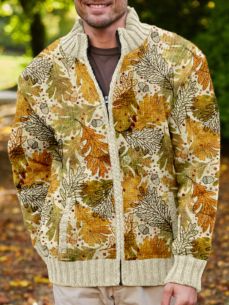 Comstylish Men's Fall Leaves Pattern Thanksgiving Full Zip Cardigan