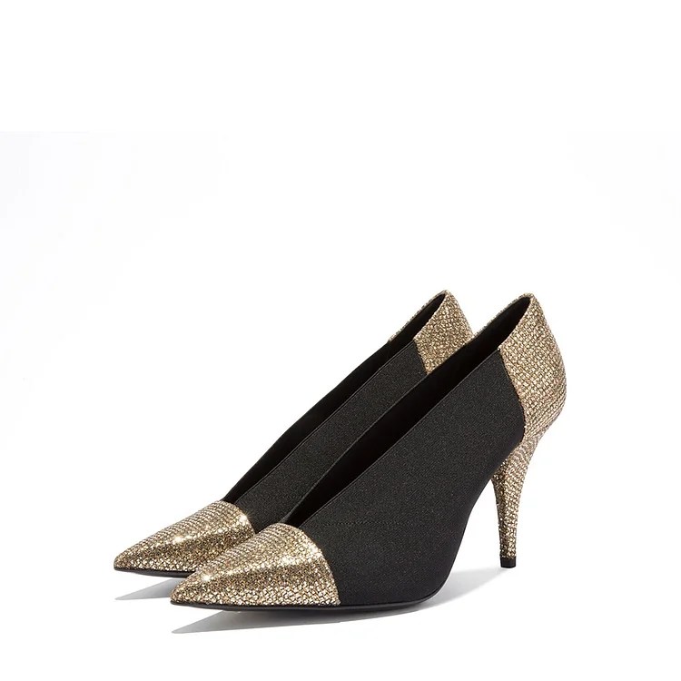 Gold Glitter Shoes and Black Elastic Cone Heel PumpsFSJshoes