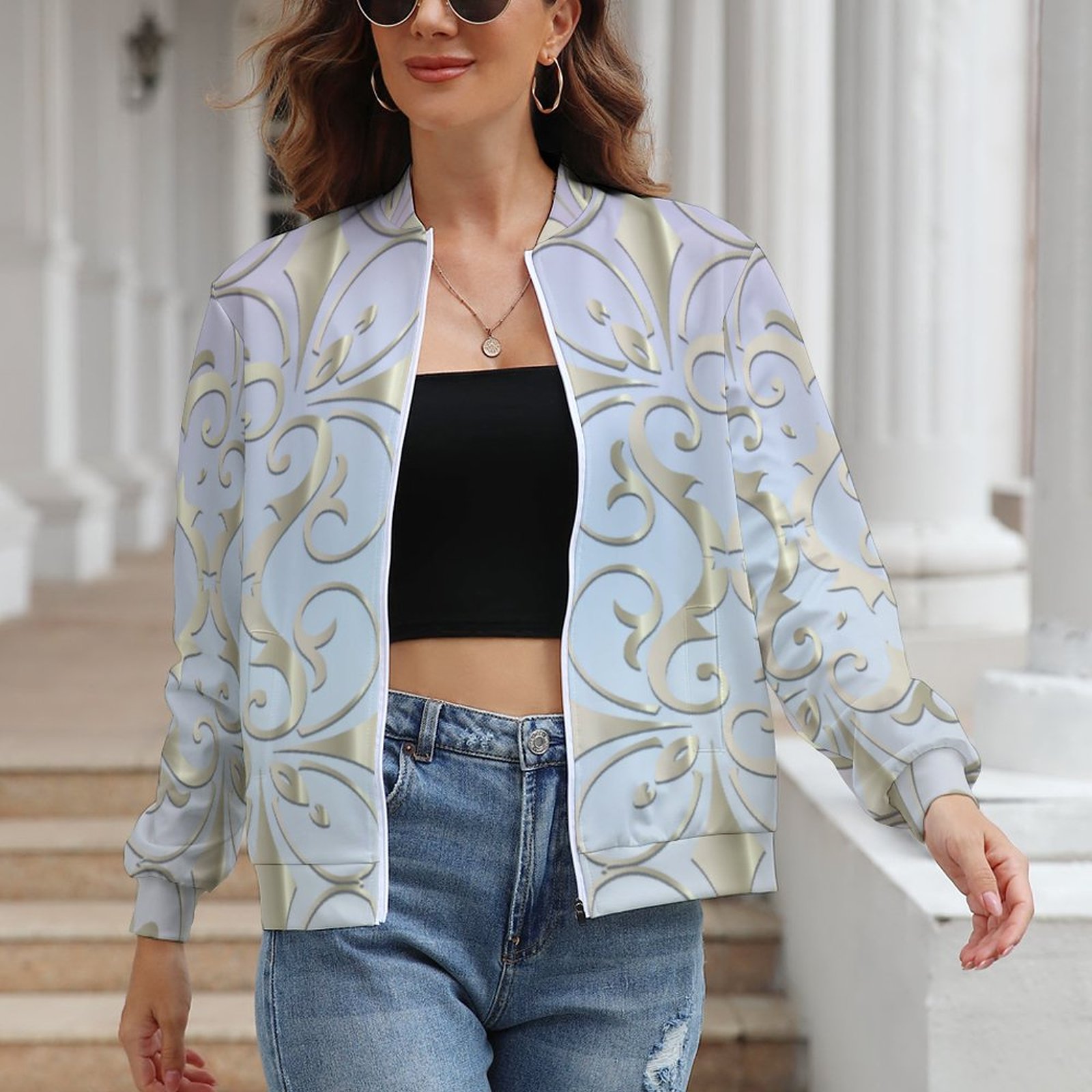 Luxury Baroque Gold Damask Women boyfriend Zip Up Bomber Jacket Long