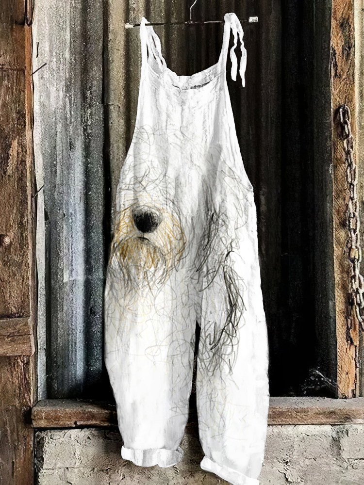 Comstylish Retro Old English Sheepdog Art Graphic Print Loose Jumpsuit
