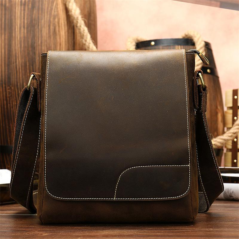 Men's Horse Leather Shoulder Bag Simple Style Outdoor Large Capacity Crossbody Bag