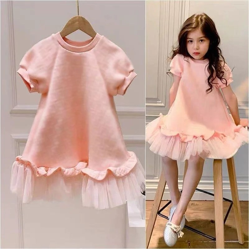 Girls' Pink Fashion Mesh Stitching Shortsleeved Dress Girls Clothes 2