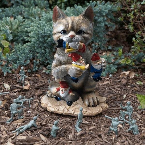 Cat Eating Gnomes Statue