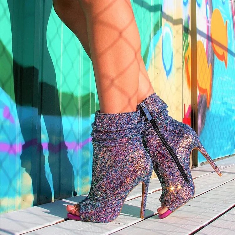 Colorful Slouch Boots Glitter Stiletto Heel Peep Toe BootiesFSJshoes