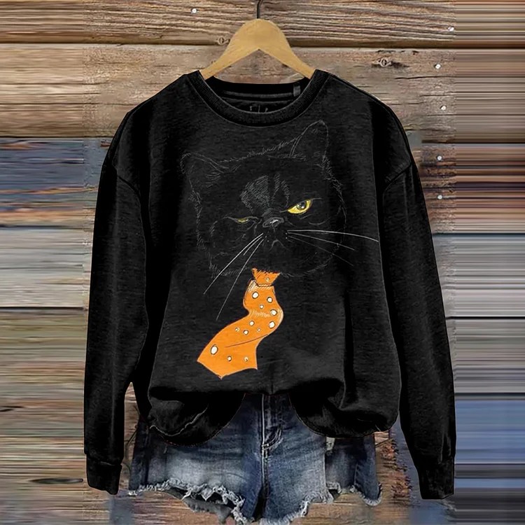 Comstylish Abstract Creative Black Cat Print Crew Neck Casual Sweatshirt