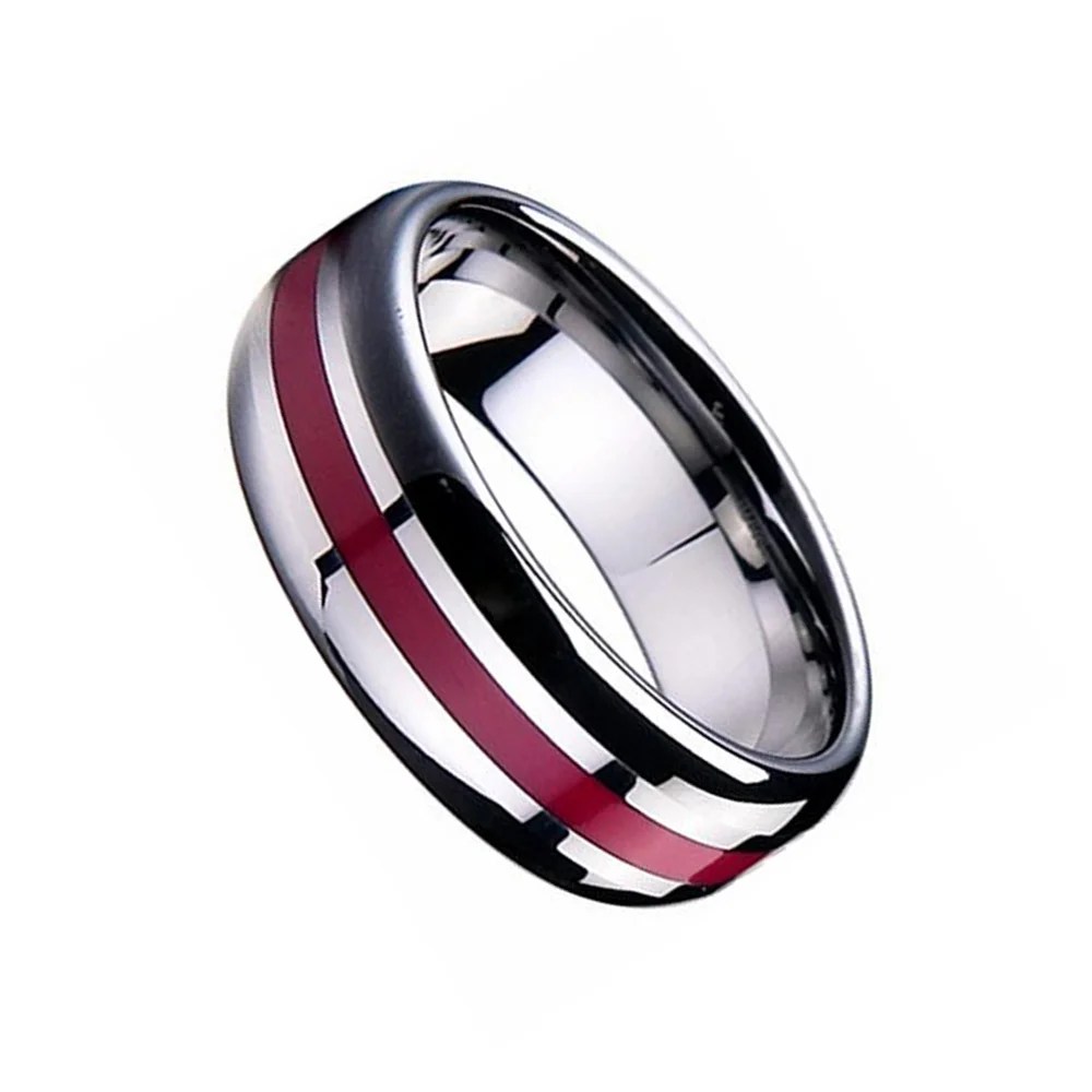 8MM Silver Tungsten Carbide Rings Center Thin Red Line High Polished