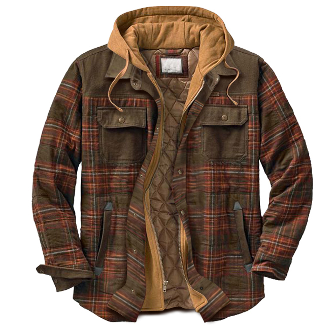 Men's outdoor leisure thick stitching plaid hooded jacket