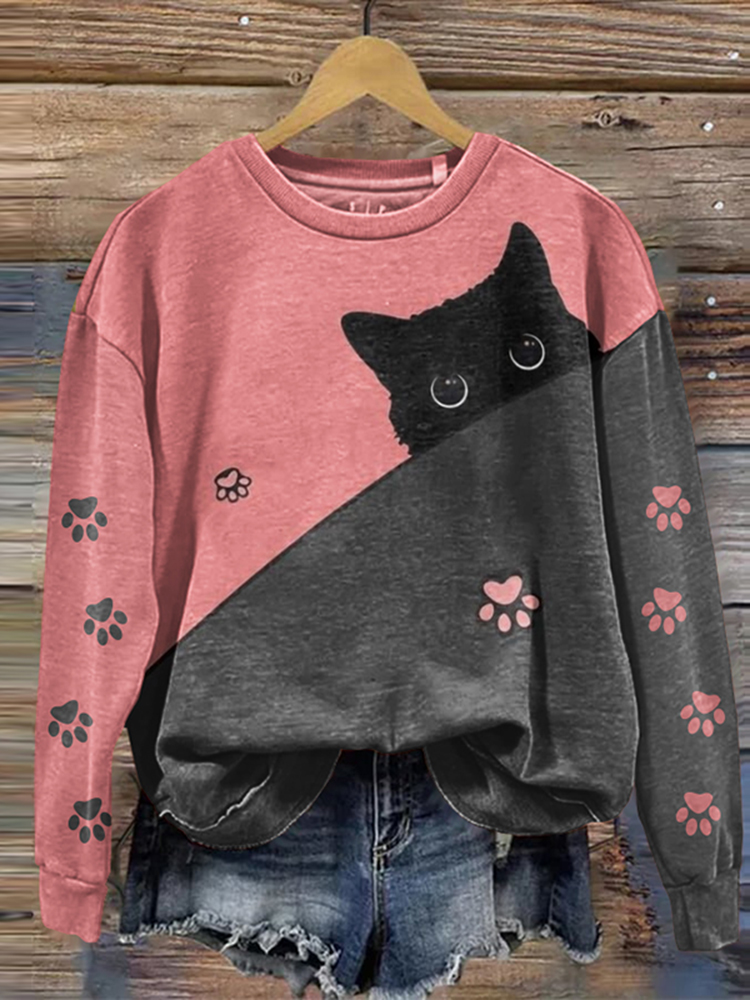 Comstylish Abstract Creative Cute Black Cat Print Crew Neck Casual