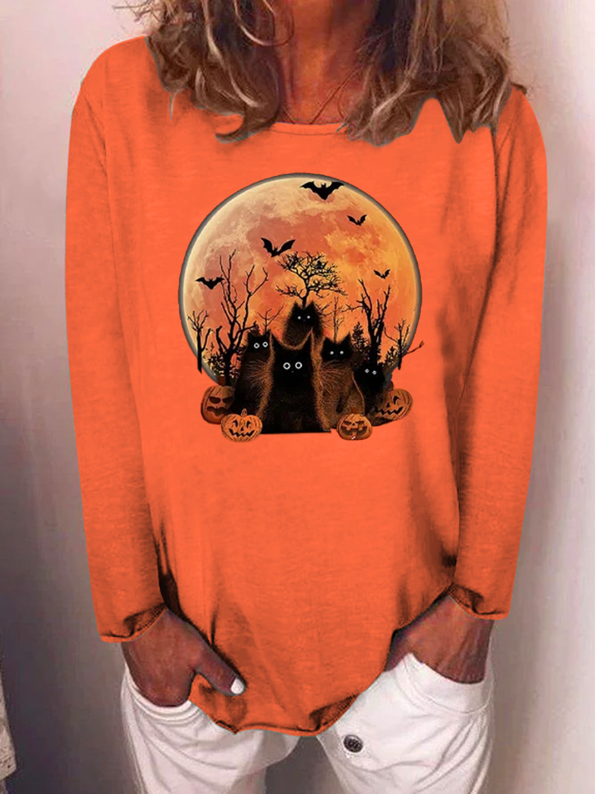 Halloween Black Cat Night Long Sleeve Blouses