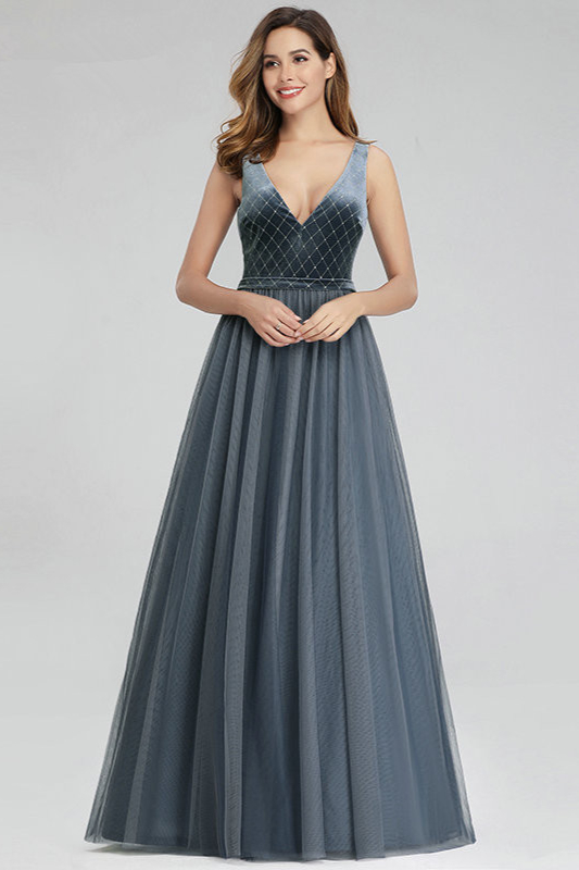 Dusty Blue VNeck Prom Dress Long Sleeveless Tulle Evening Gowns