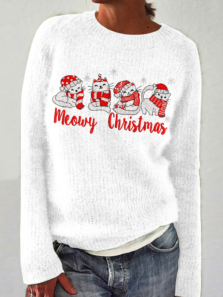 Comstylish Christmas Cat Embroidery Knitted Sweater