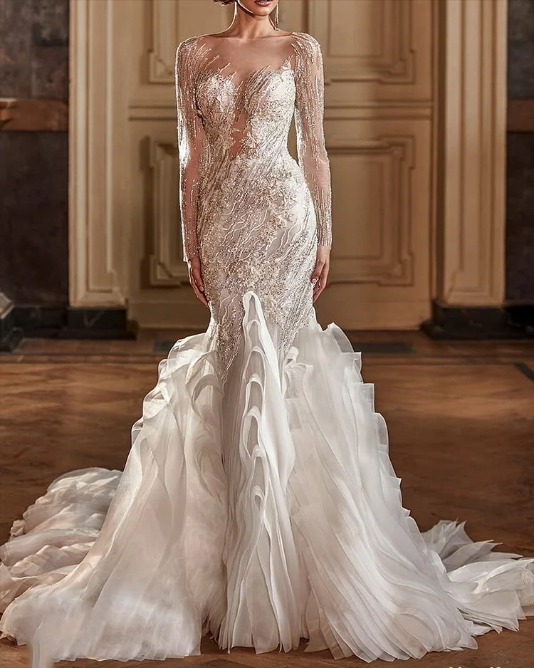 Women's Mesh Long Sleeve Sequin Dress