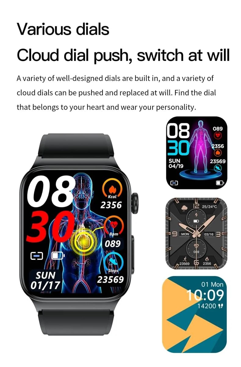 ECG Smart Watch with Blood Pressure Monitor Body Temperature Blood Glu