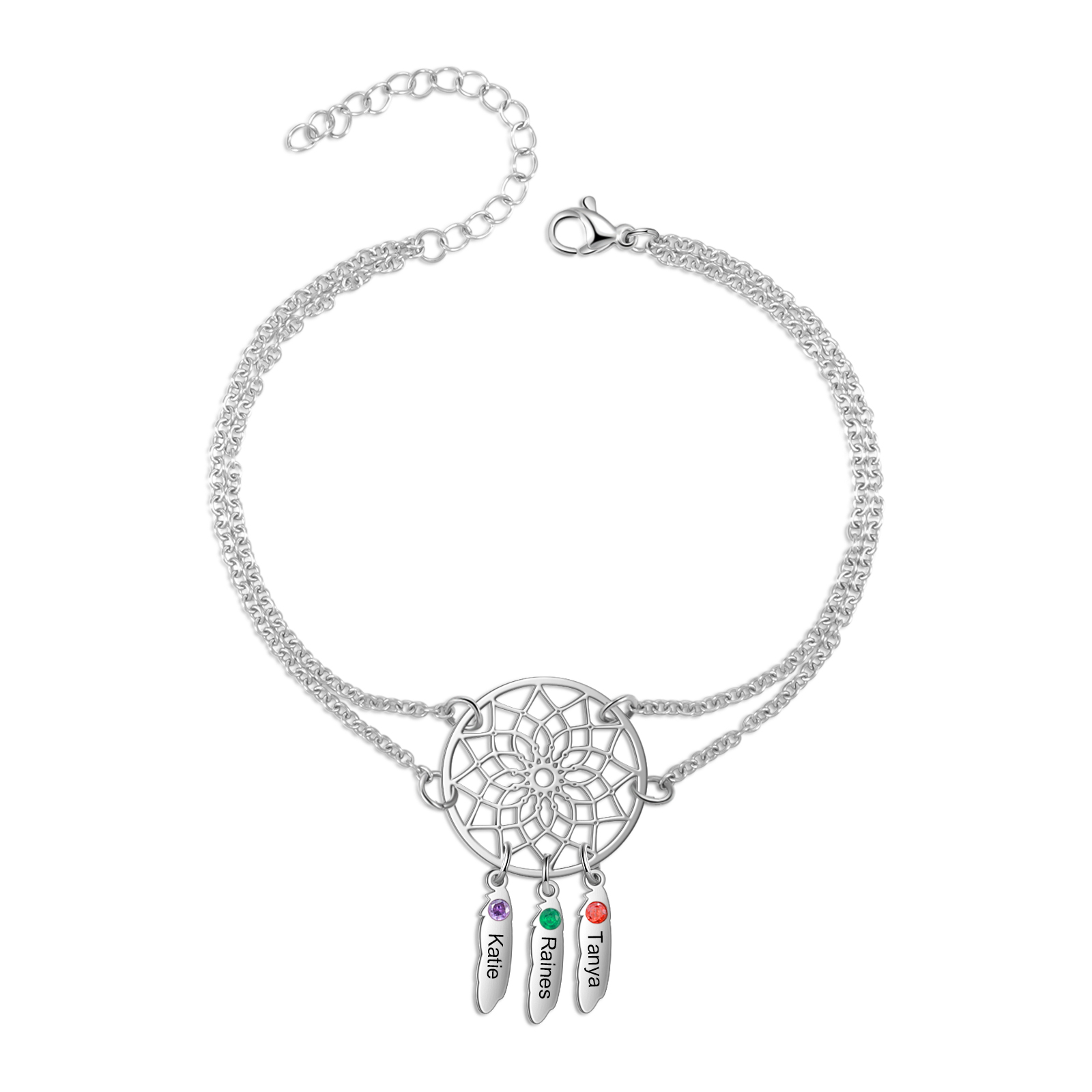 Personalized Dream Catcher Necklace With 3 Birthstones Engraved Names