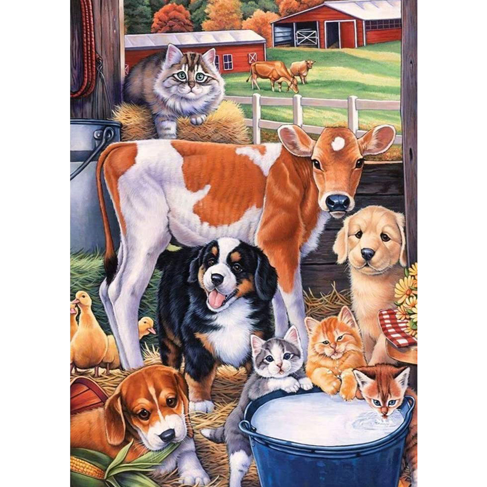 30*40CM Round Drill Diamond Painting Barn Cow Dog Cat