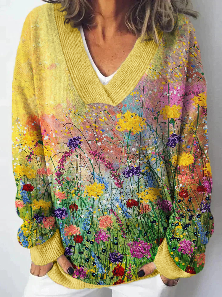 Comstylish Wild Flowers Oil Painting Art Cozy Knit V Neck Sweater