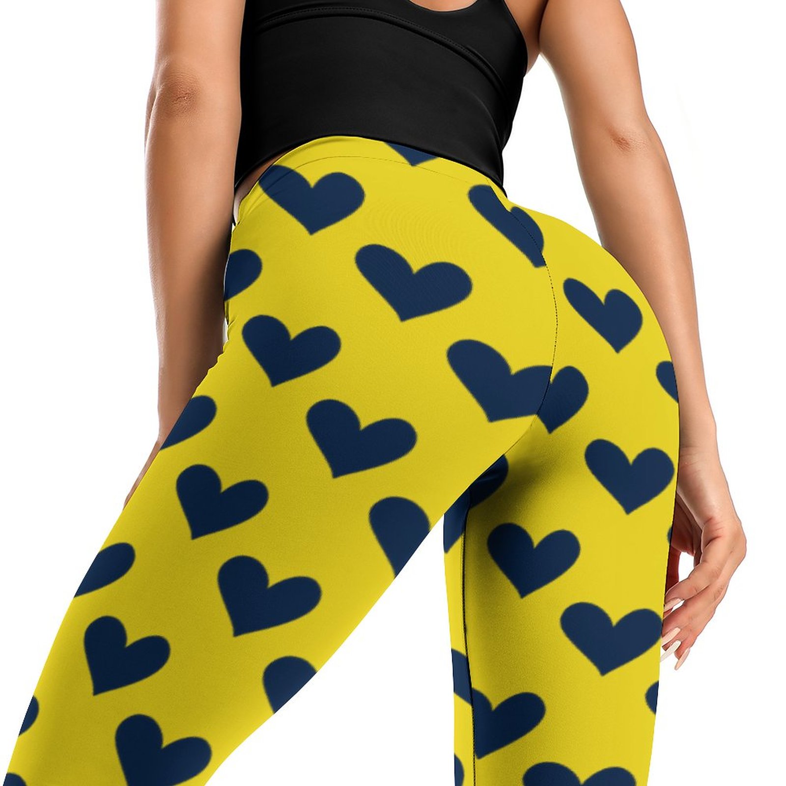 Navy Blue And White Doodle Heart Womens High Waist Workout Leggings
