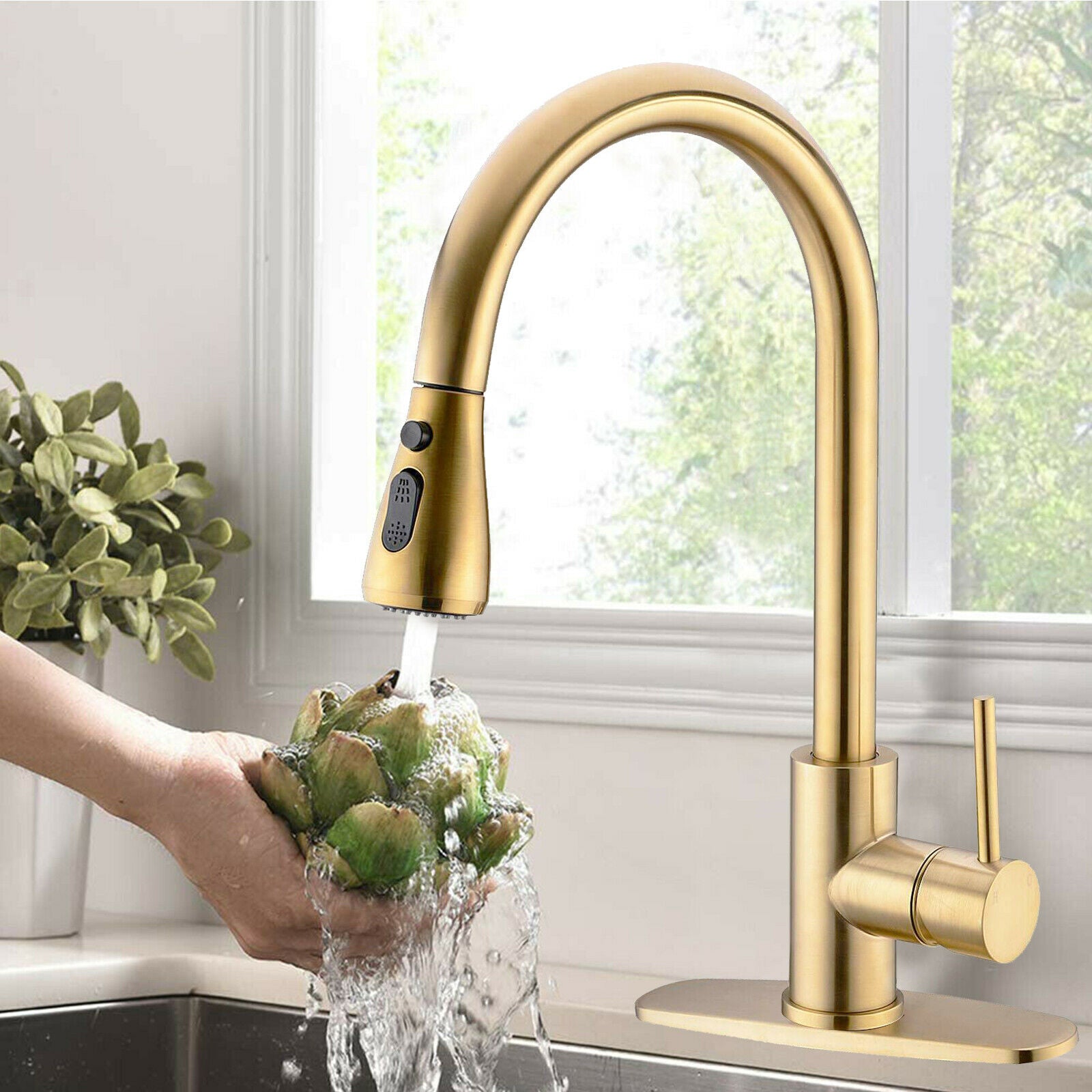 Brushed Gold Kitchen Sink Faucet Pull Down Sprayer Swivel Single Handle