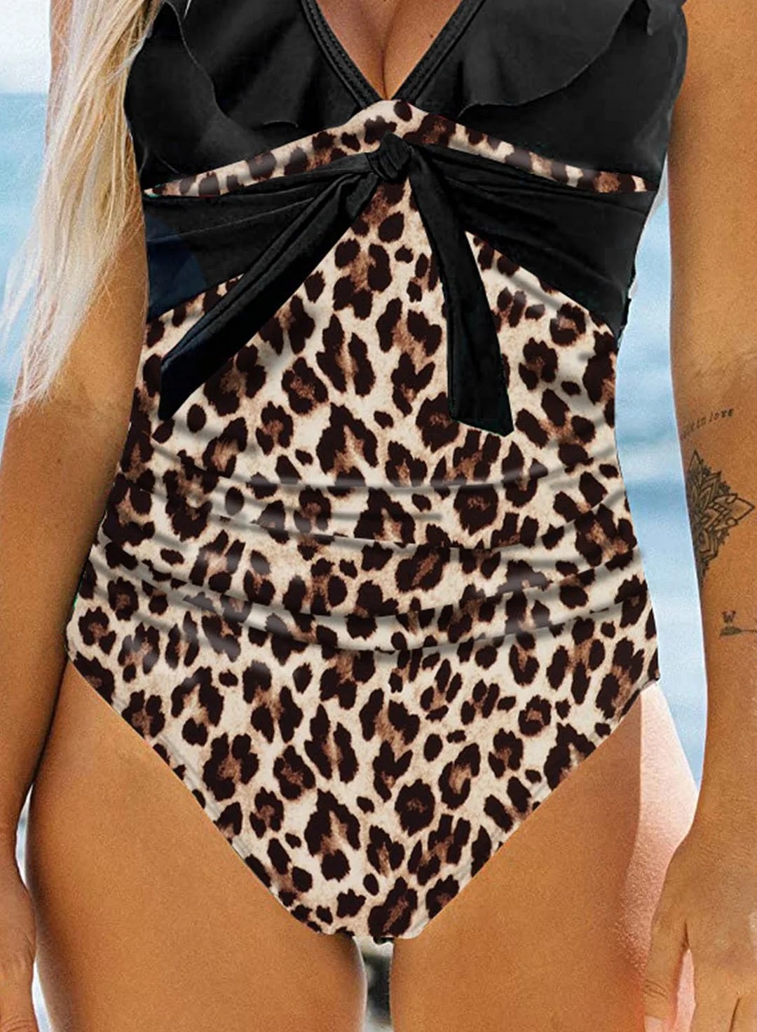 Women's Leopard Color Block Ruffle One Piece Swimsuit V Neck Padded Sleeveless Monokini Bathing Suit