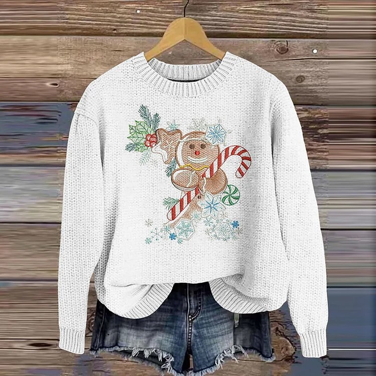 Comstylish SnowWhite Christmas Gingerbread Man Knitted Warm Sweater