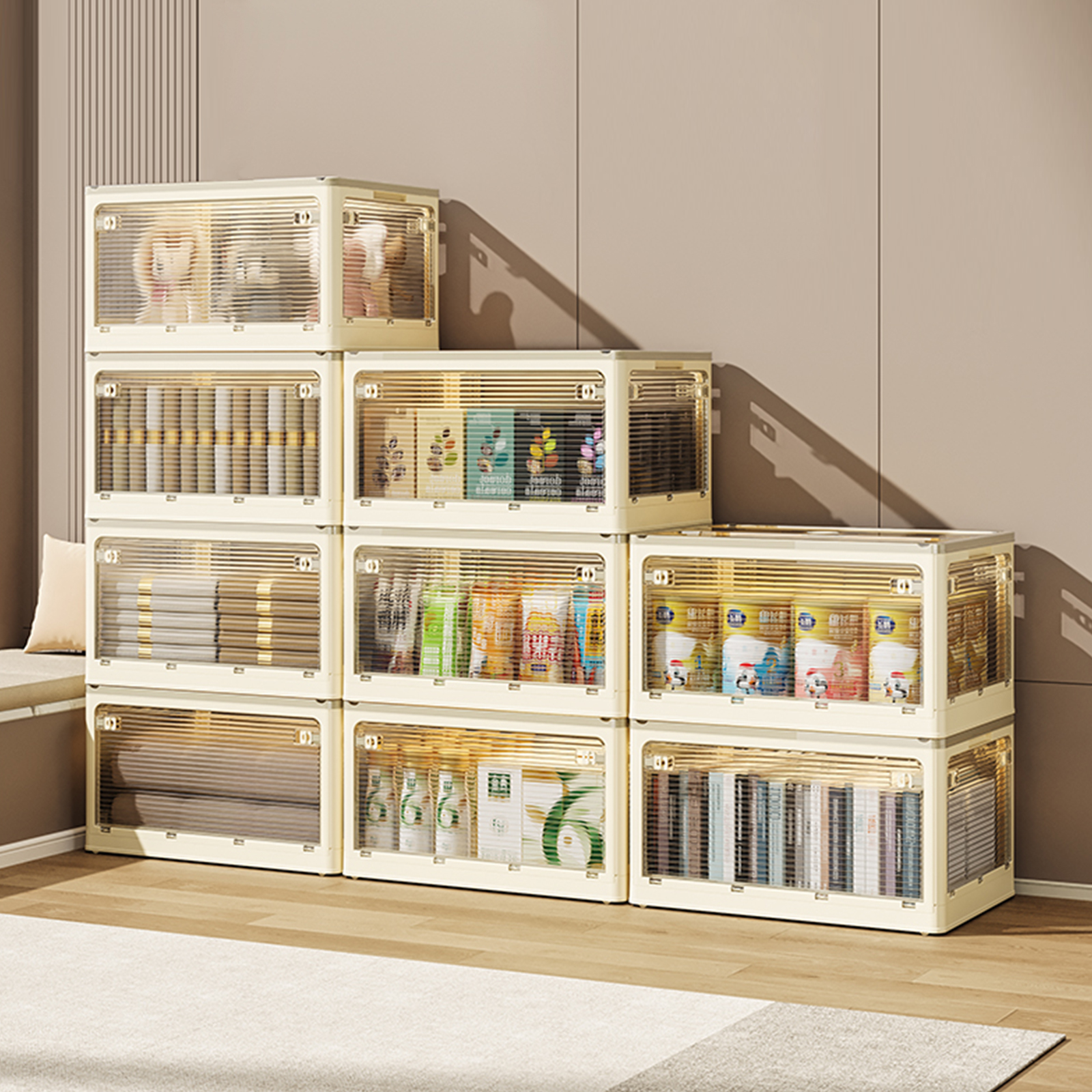 Large Plastic Storage Box with Lid, Stackable Storage Box with Five Open Doors