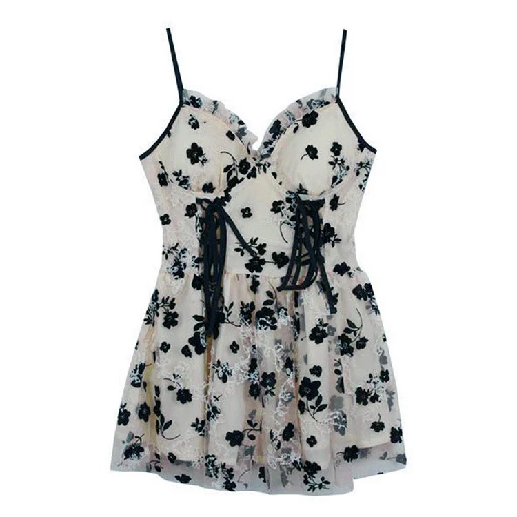 Floral Print Lace Up Slip Dress Cardigan Two Pieces