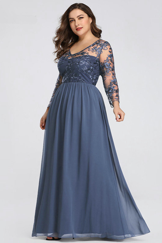 Elegant Dusty Blue Long Sleeve Plus Size Evening Gowns