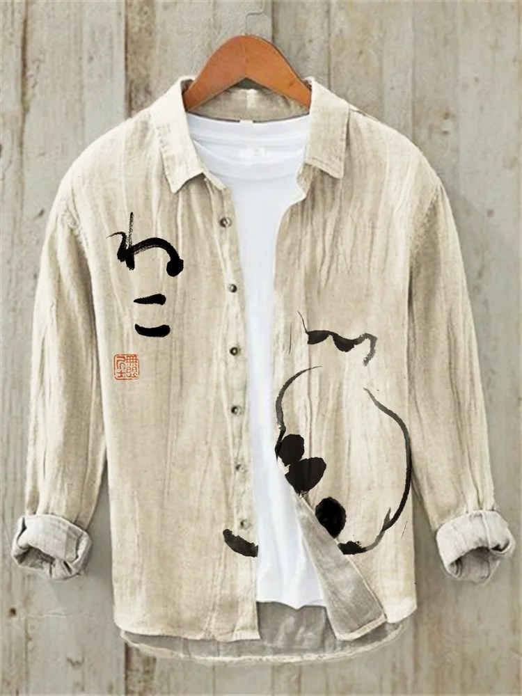 Japanese Art Cat Print Linen Long Sleeve Shirt