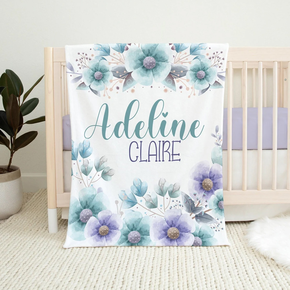 Purple Aqua Floral Blanket, Floral Girl Name Blanket, Floral Baby Blanket