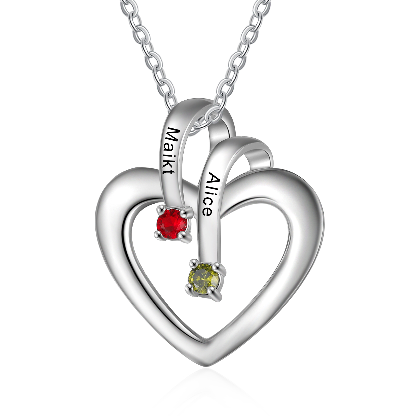 Personalized Heart Necklace with Birthstone Engrave 2 Names Handmade