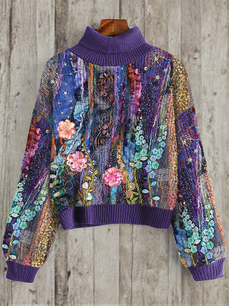Comstylish Night Garden Floral Fiber Art Cozy Turtleneck Sweater