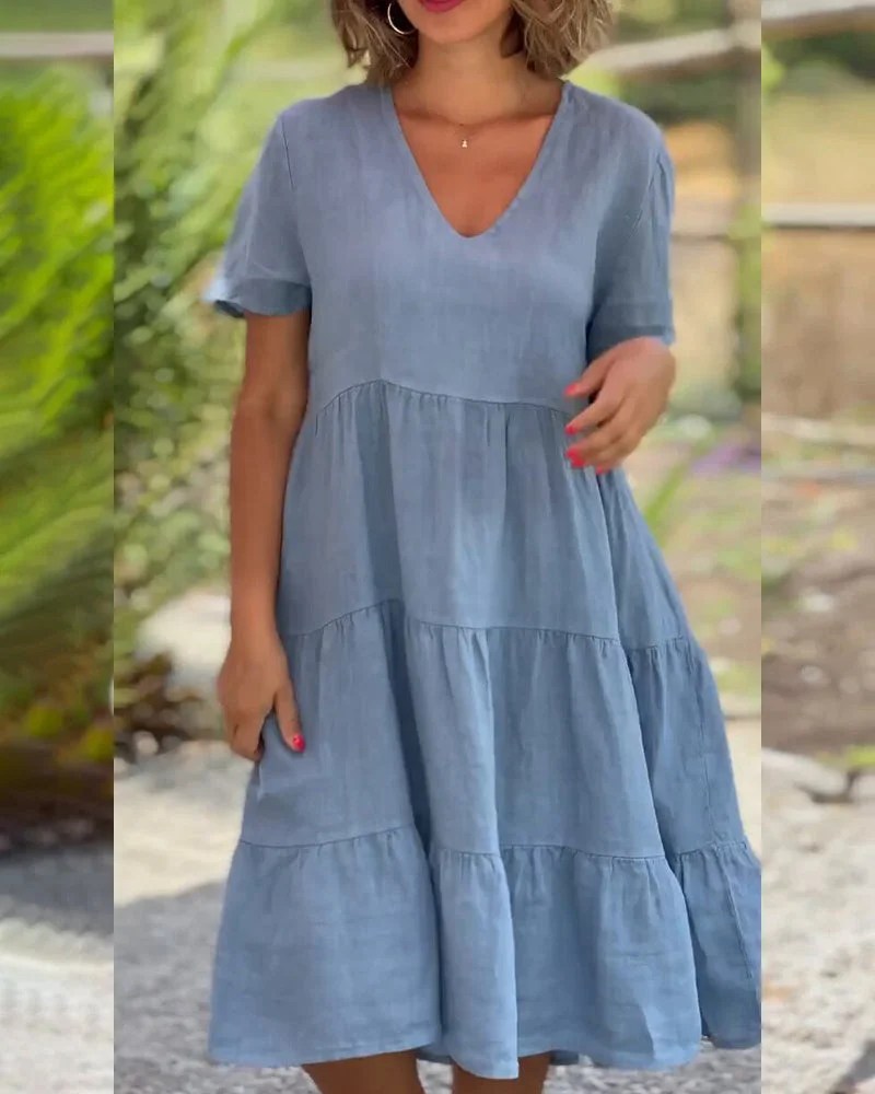 Cotton linen vneck solid color dress