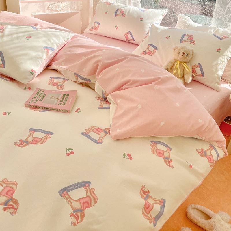 Cute Strawberry Bear Bedding Set For Kids Girl 100 Cotton Twin Full Queen Size Kawaii Double