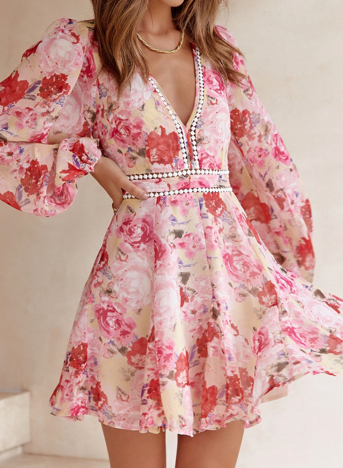 Women's Dresses Pink Floral Long Sleeves Mini Dress