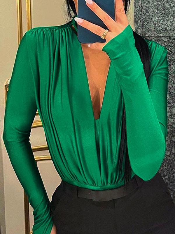 Solid Plunge Neck Splice Thumb Hole Bodysuits MIXICHIC