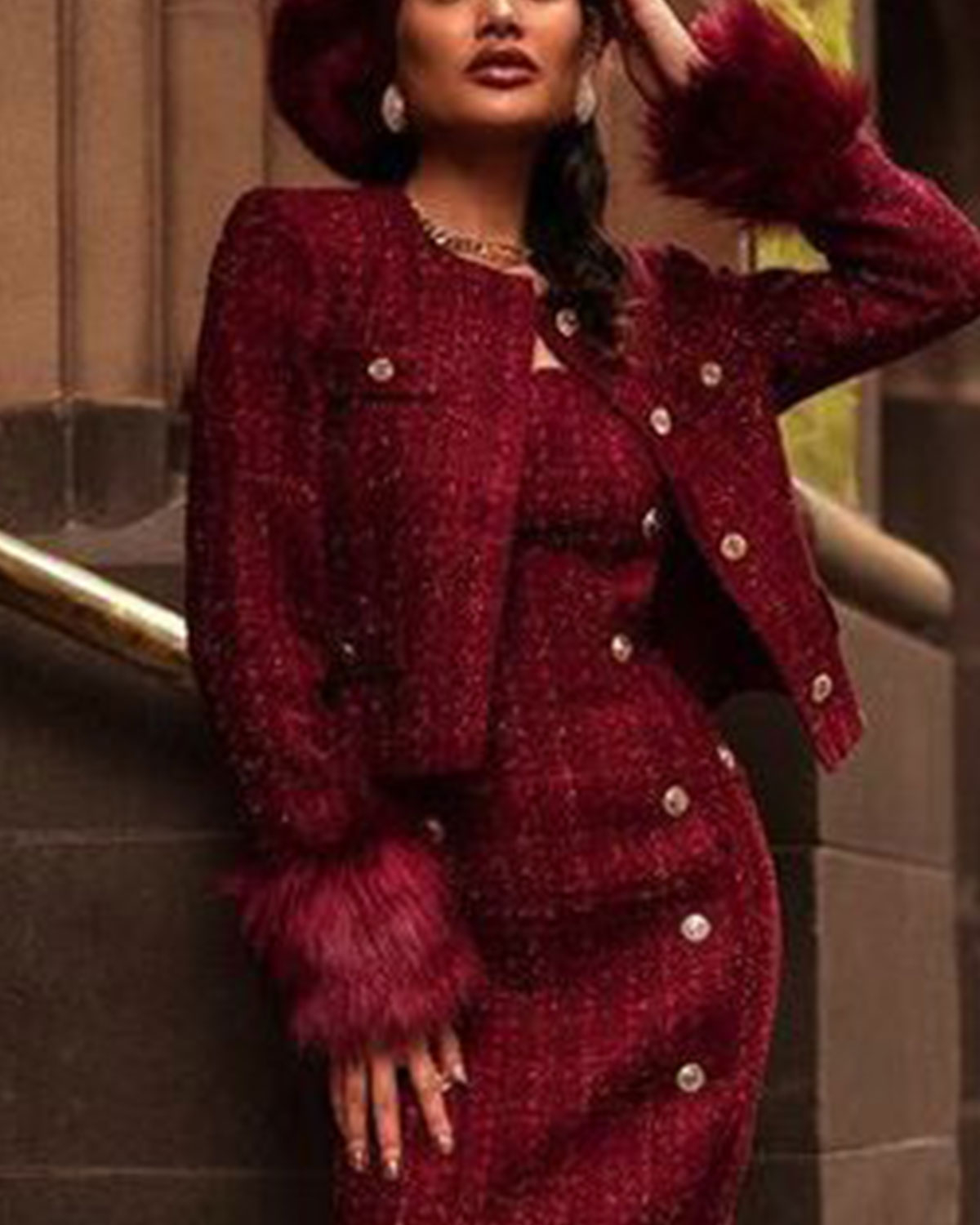 Elegant Tweed Jacket And Dress TwoPiece Set