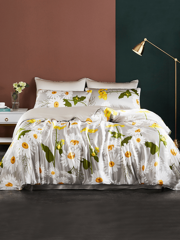 Realsilklife Daisy Printed Silk Duvet Cover Set 4pcs