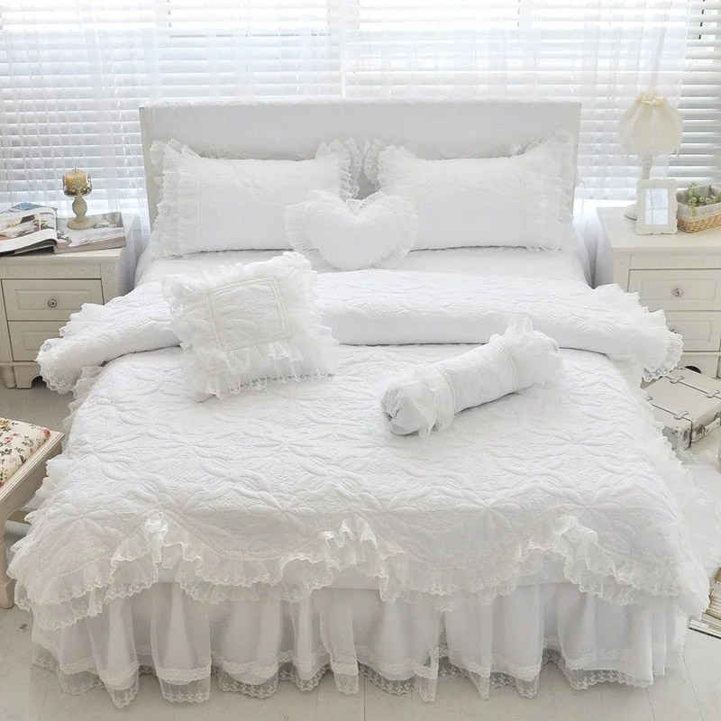 100Cotton Thick Quilted Lace White Bedding set Girls Pink Princess King Queen Twin size Bed set