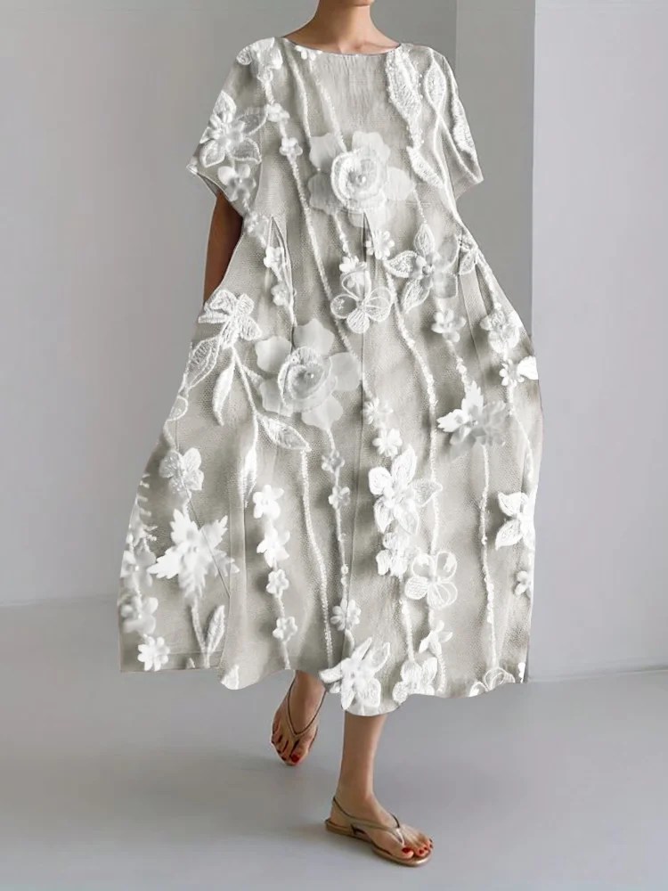 3D Floral Vines Lace Linen Blend Maxi Dress