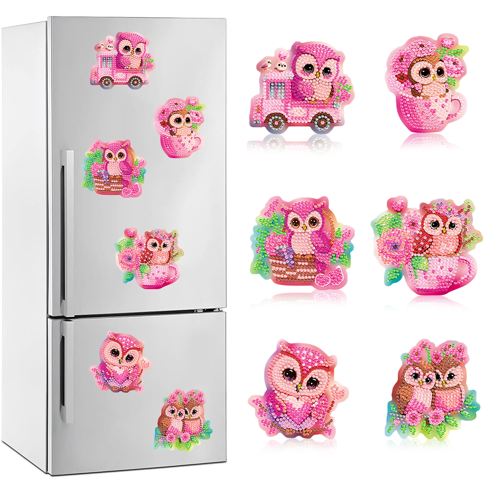 6pcs DIY Diamond Painting Refrigerator Sticker Kit (Pink Owl)