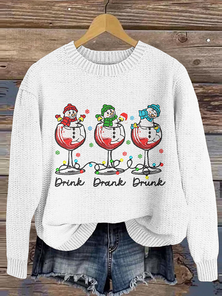 Comstylish Red Wine Glass Christmas Snowman Embroidery Knitted Sweater